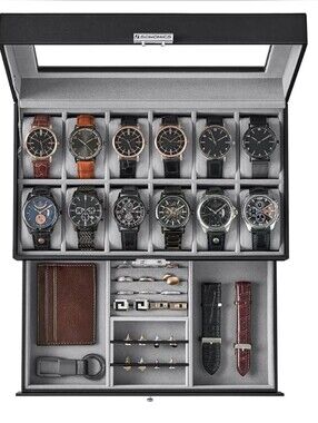 12-Slot Watch & Jewelry Case Organizer with Glass Lid - Black With Gray Lining